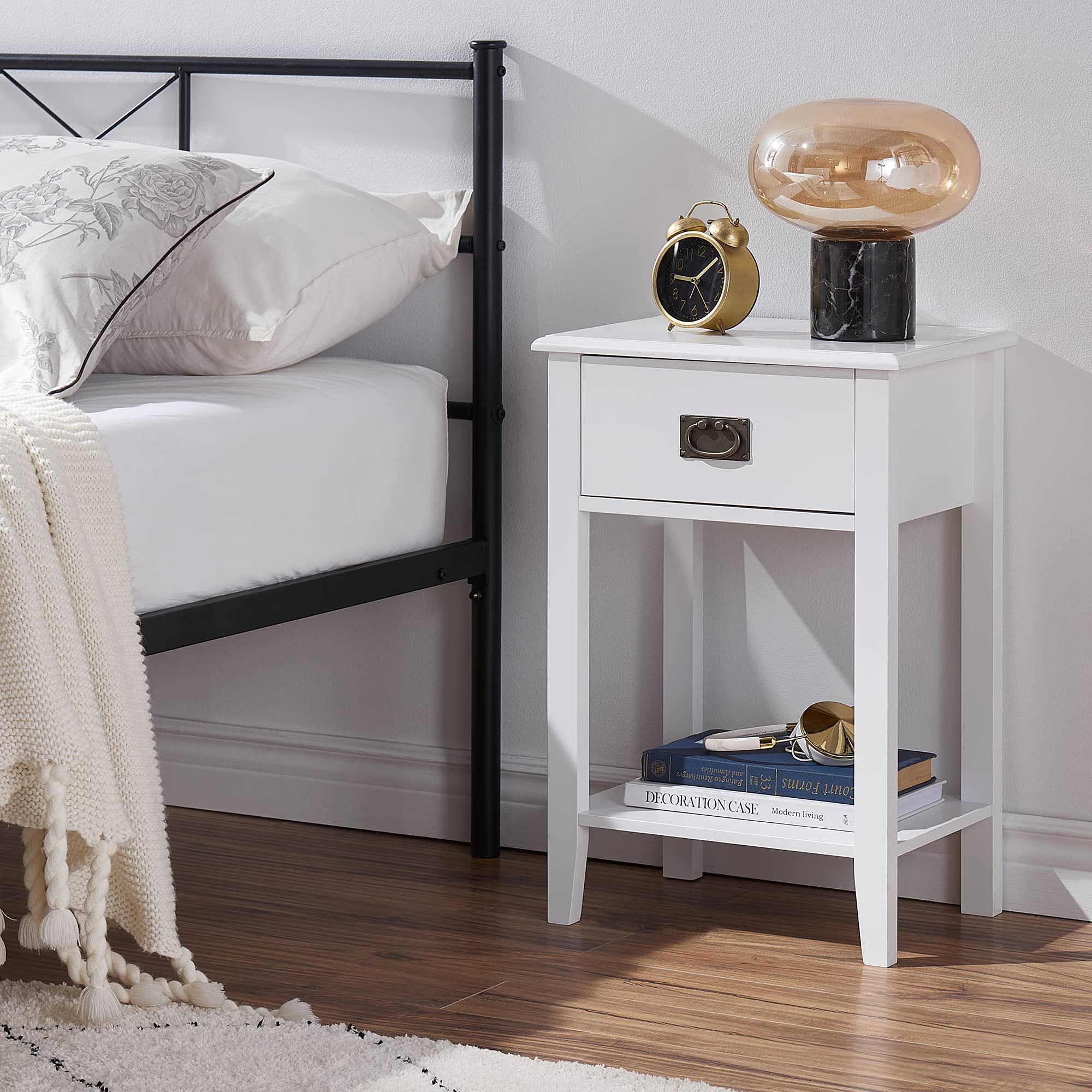 VECELO Nightstands Set of 2 End/Side Tables for Living Room Bedroom Bedside, Vintage Accent Furniture Small Space, Solid Wood Legs, One Drawer