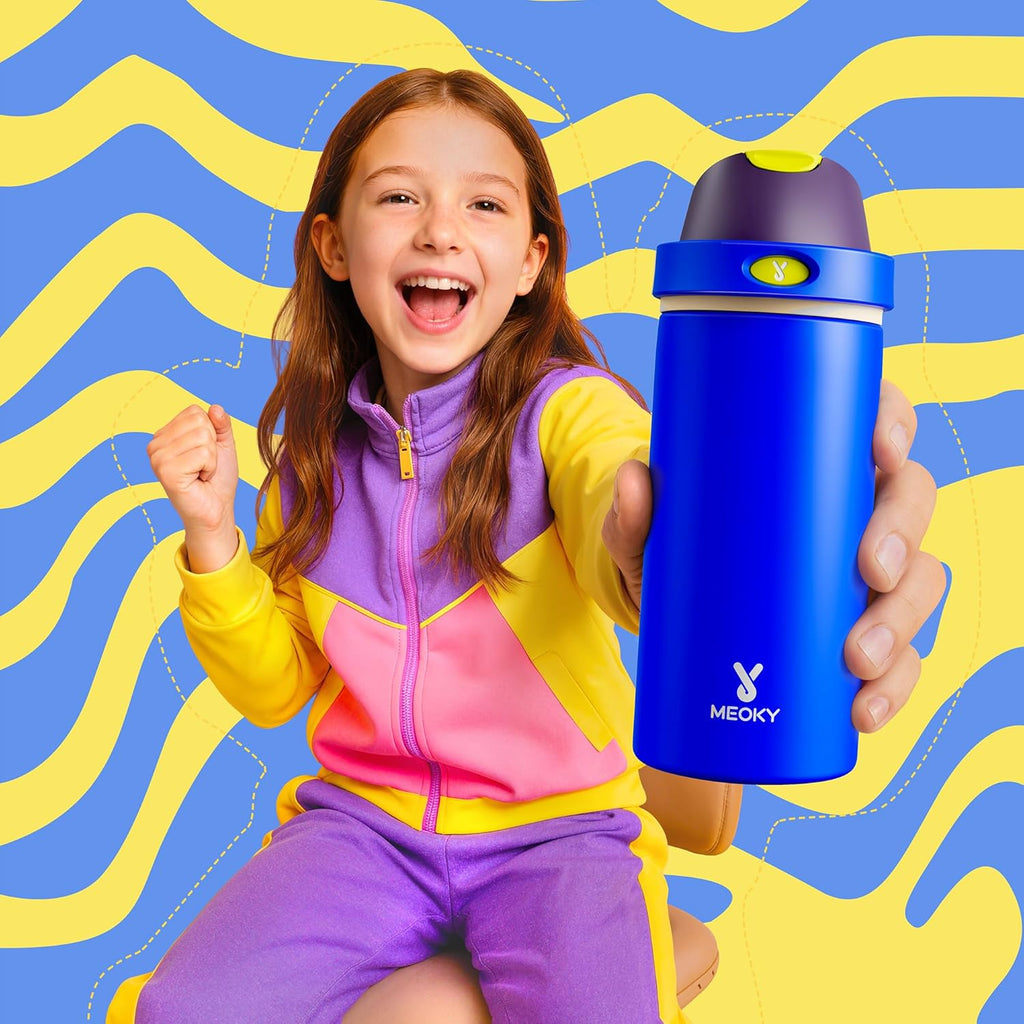 Meoky Stainless Steel Water Bottle - 18 oz Insulated Kids Bottle with 2-in-1 Straw & Spout Lid | Leak Proof, BPA-Free, Celestial Sphere