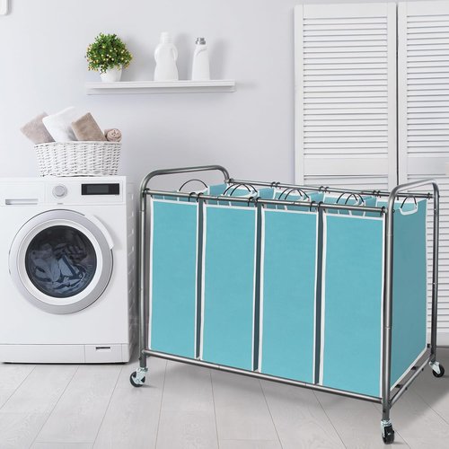 **Storage Maniac Laundry Sorter - 4-Section Hamper with Wheels & Removable Bags - 47.8 Gal, Blue**