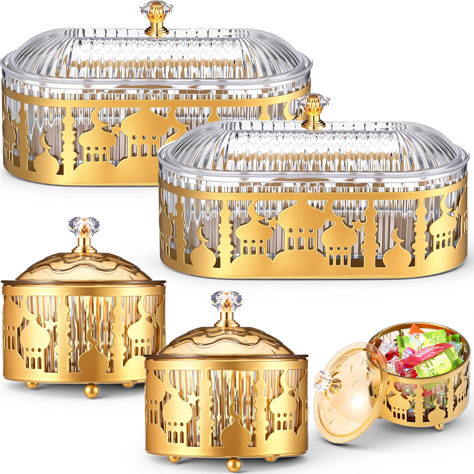 Otoolling 4 Pcs Ramadan Trays with Lid Gold Eid Mubarak Tray Plates Ramadan Moon Candy Dish Table Decorations Food Serving Tray Islam Muslim Al-fitr Cookie Storage Container for Eid Party Supplies