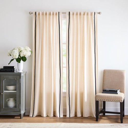 Martha Stewart Cream Light Filtering Window Curtains for Living Room - 50" x 84" - Set of 2 - Back Tab Panels - Embroidered Stripe Linen
