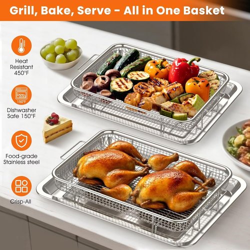Air Fryer Basket Set by [Brand Name] - Stainless Steel Crisper Tray & Pans | Family-Size, Non-Stick, Dishwasher Safe (15"x11" & 12.8"x9.7")