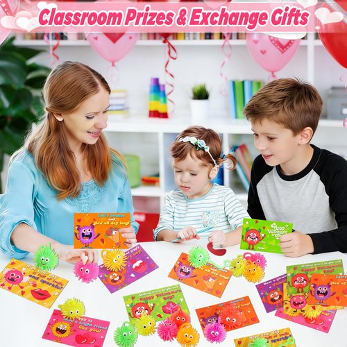 24 Pack Valentines Day Cards for Kids Classroom with LED Puffer Balls, Valentines Gifts for Kids School Class Exchange Prizes Party Favors Valentines Light Up Toys Stress Relief Balls for Boys Girls