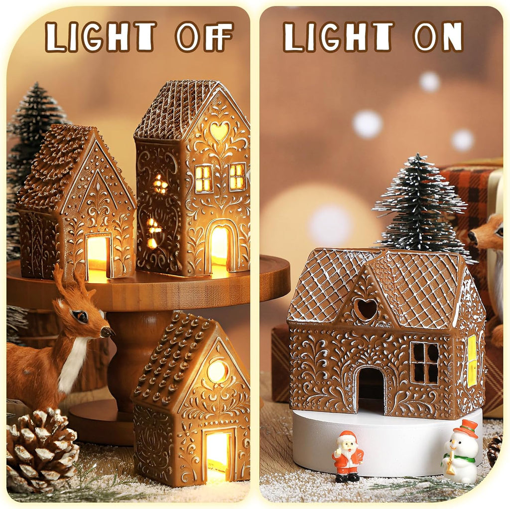 Thyle Christmas Gingerbread House Decoration Set - 4 Pcs LED Resin Village Figurines for Holiday Decor