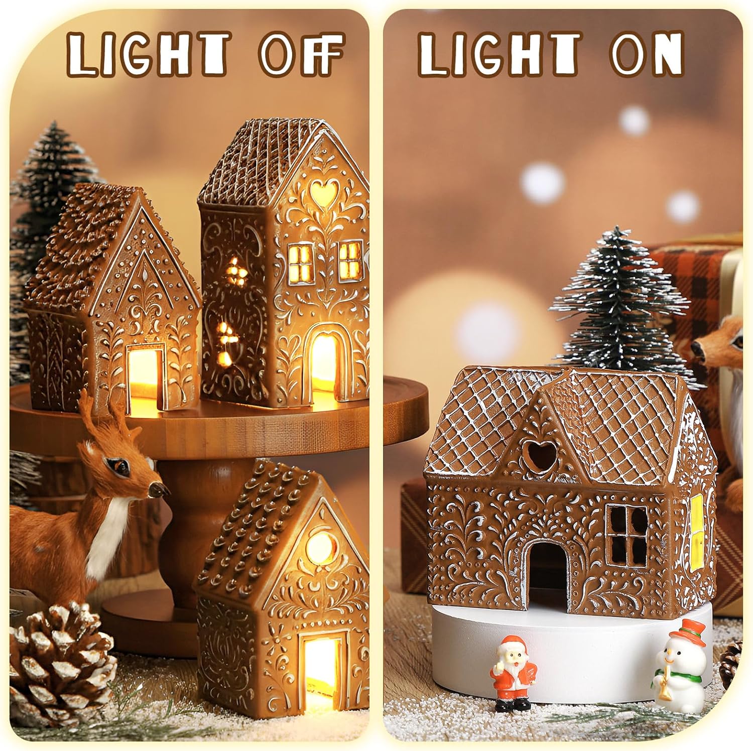 Thyle Christmas Gingerbread House Decoration Set - 4 Pcs LED Resin Village Figurines for Holiday Decor
