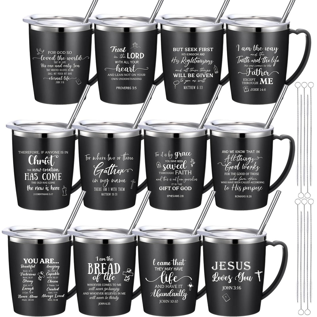 Widecook 12 Pcs Christian Coffee Mugs with Lid and Straw Bible Verse Mother's Day Religious Gifts Tumbler 12 oz Stainless Steel Insulated Inspirational Tumbler for Church Women Men(Black)