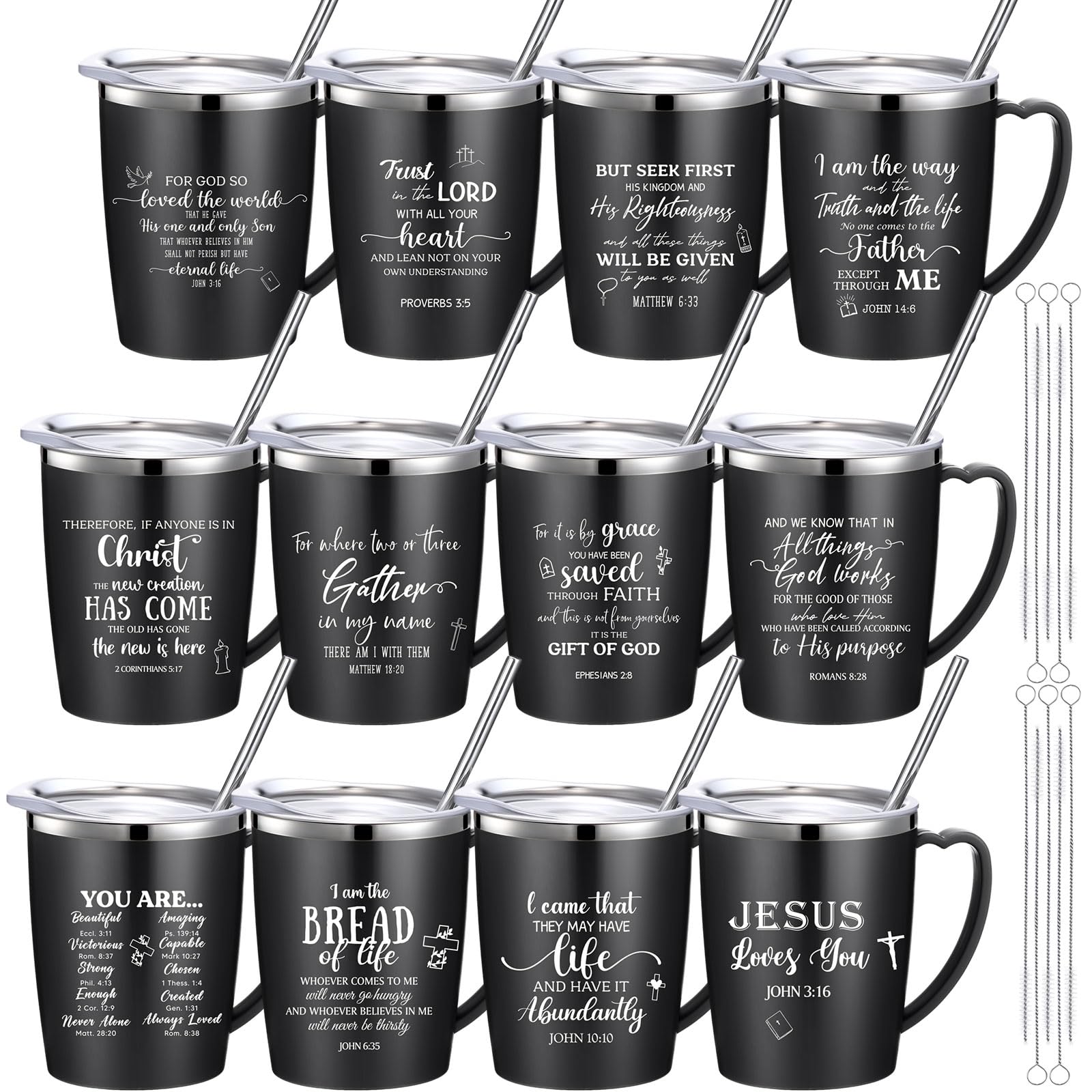 Widecook 12 Pcs Christian Coffee Mugs with Lid and Straw Bible Verse Mother's Day Religious Gifts Tumbler 12 oz Stainless Steel Insulated Inspirational Tumbler for Church Women Men(Black)