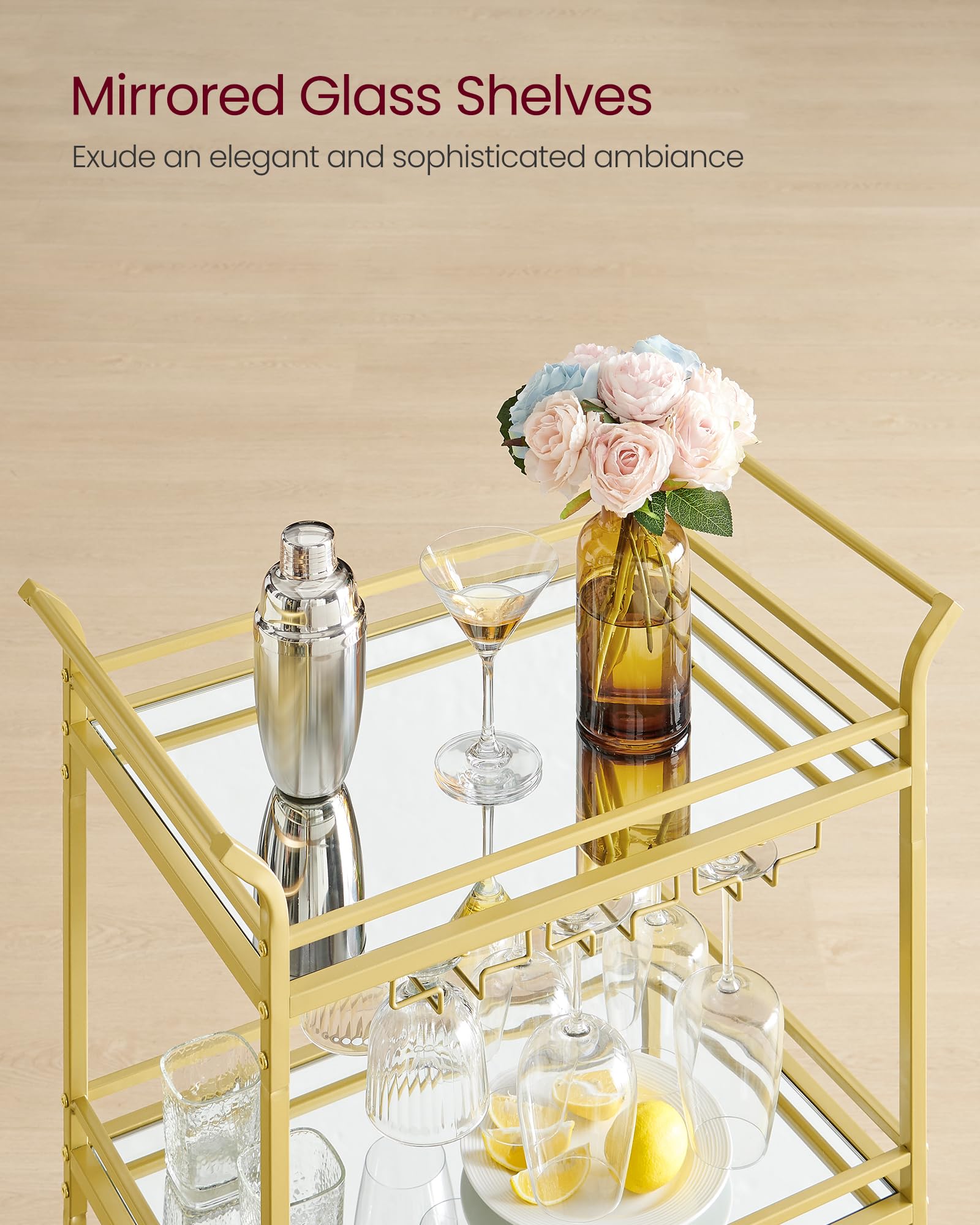 VASAGLE Bar Cart Gold, Small Home Bar Serving Cart with 3-Tier Mirrored Shelf, Wine Holders, Glass Holders, for Small Spaces, Kitchen, 15 x 23.6 x 36.2 Inches, Gold ULRC100A01
