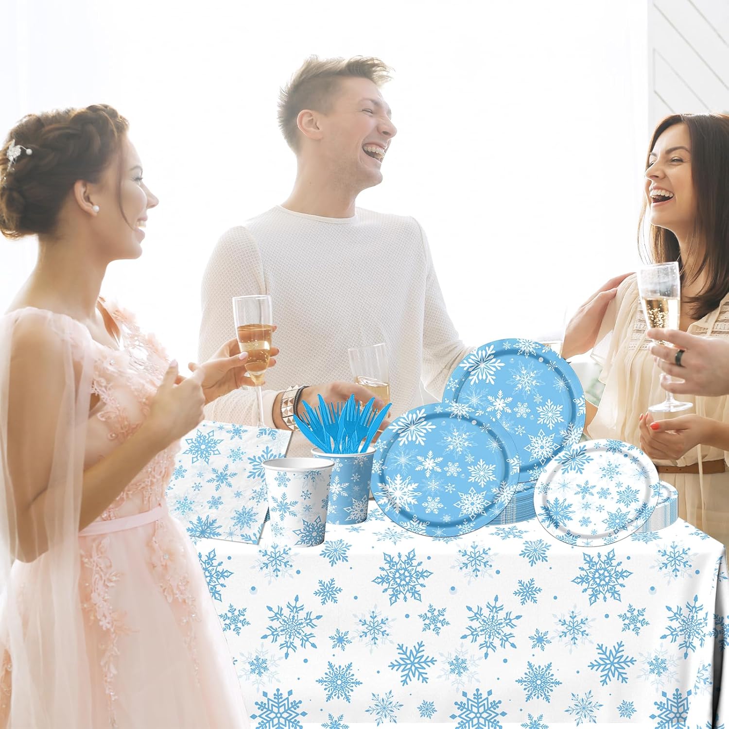 Skiennix Winter Snowflake Party Set - 142 Pcs Paper Plates, Napkins, Cups & Tablecloth | Blue & White