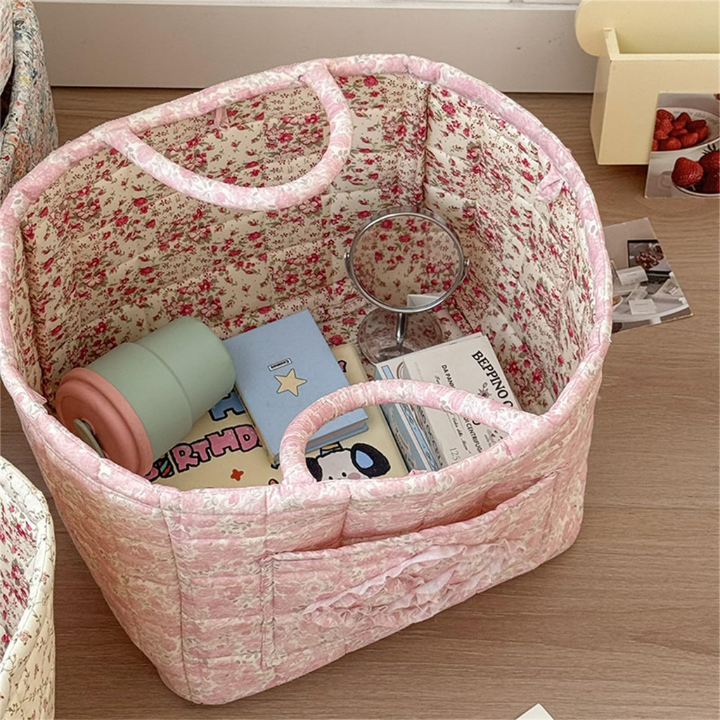 Neaonau Quilted Fabric Storage Basket with Handles & Pocket, Foldable Laundry Hamper Boho Floral Print Organizer Bin for Home, Picnic, Office 12"x10"x10" (A-4)