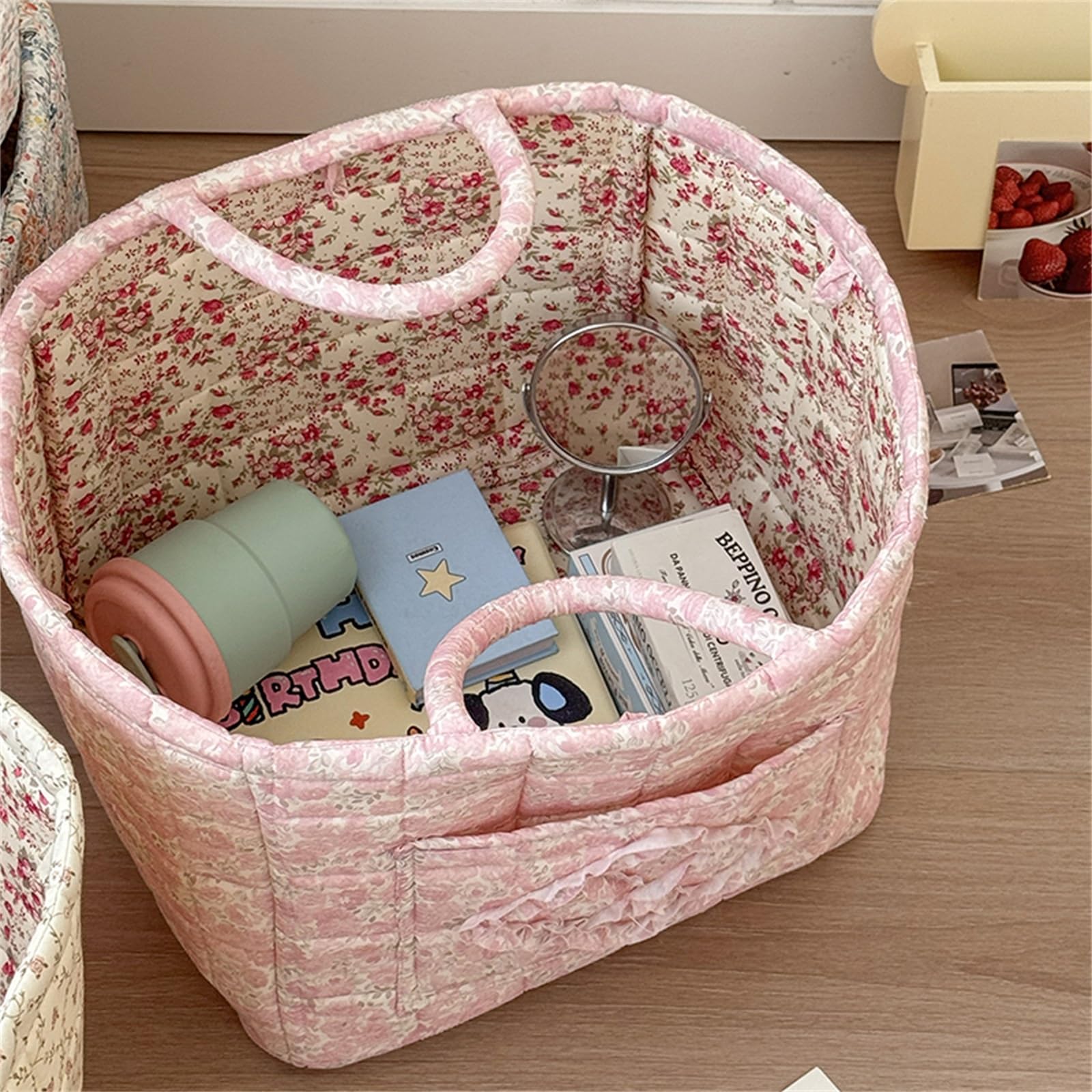 Neaonau Quilted Fabric Storage Basket with Handles & Pocket, Foldable Laundry Hamper Boho Floral Print Organizer Bin for Home, Picnic, Office 12"x10"x10" (A-4)