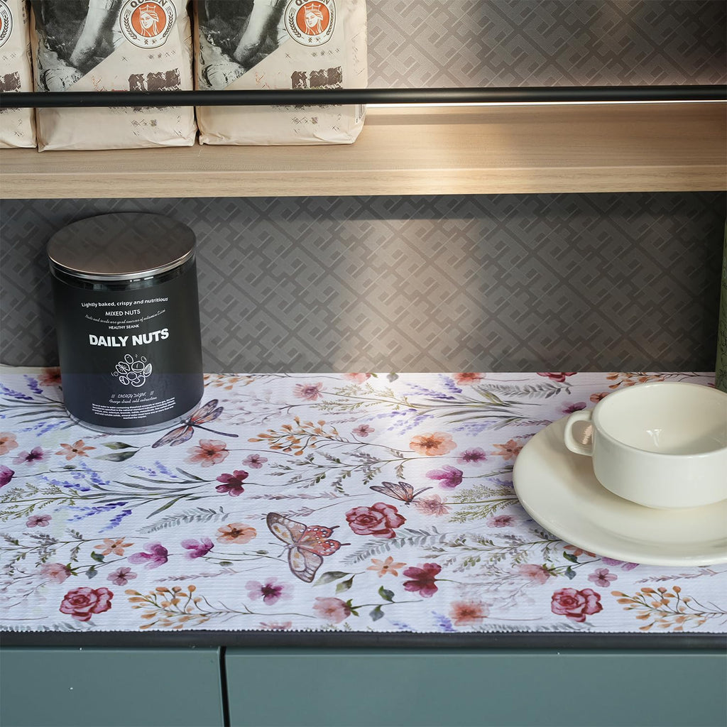Floral Shelf and Drawer Liner for Kitchen Cabinets,24IN x 10FT Non-Adhesive and Strong Non-Slip Cabinet Drawer Liners for Kitchen Shelf, Waterproof Cupboard Liners,Easy to Clean
