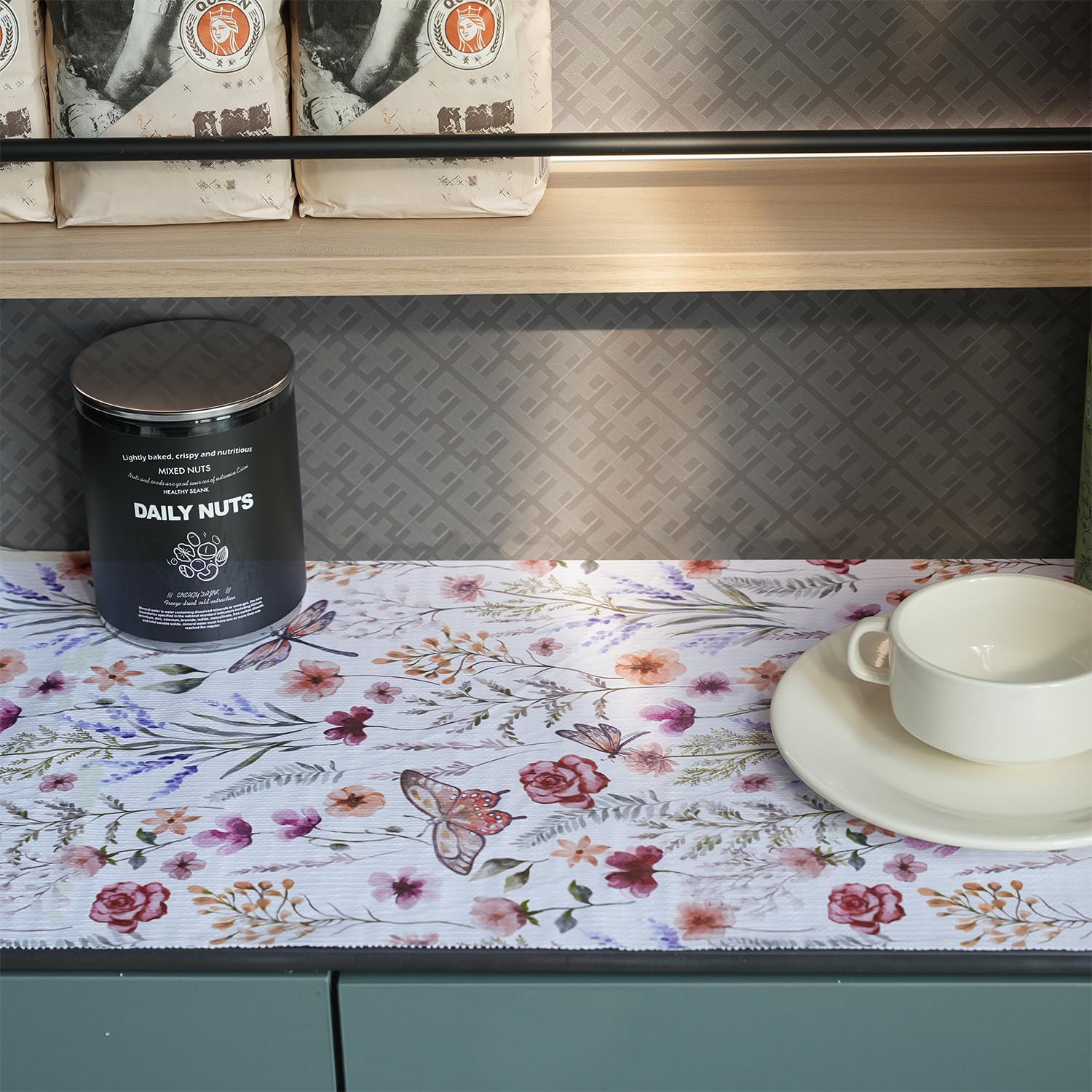 Floral Shelf and Drawer Liner for Kitchen Cabinets,24IN x 10FT Non-Adhesive and Strong Non-Slip Cabinet Drawer Liners for Kitchen Shelf, Waterproof Cupboard Liners,Easy to Clean