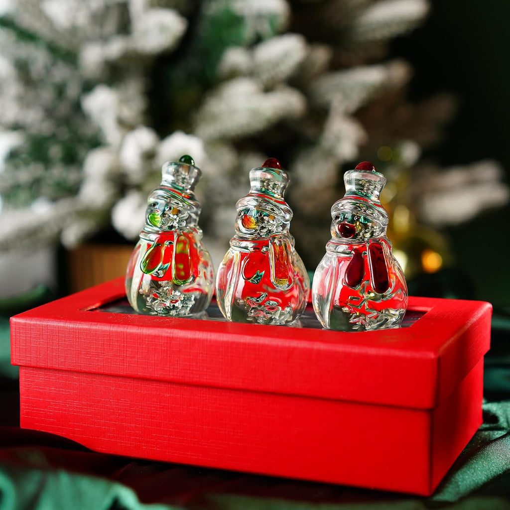 Skiennix Glass Snowman Figurines - Handmade Christmas Decorations | Set of 3, 1.6'' x 4.2''