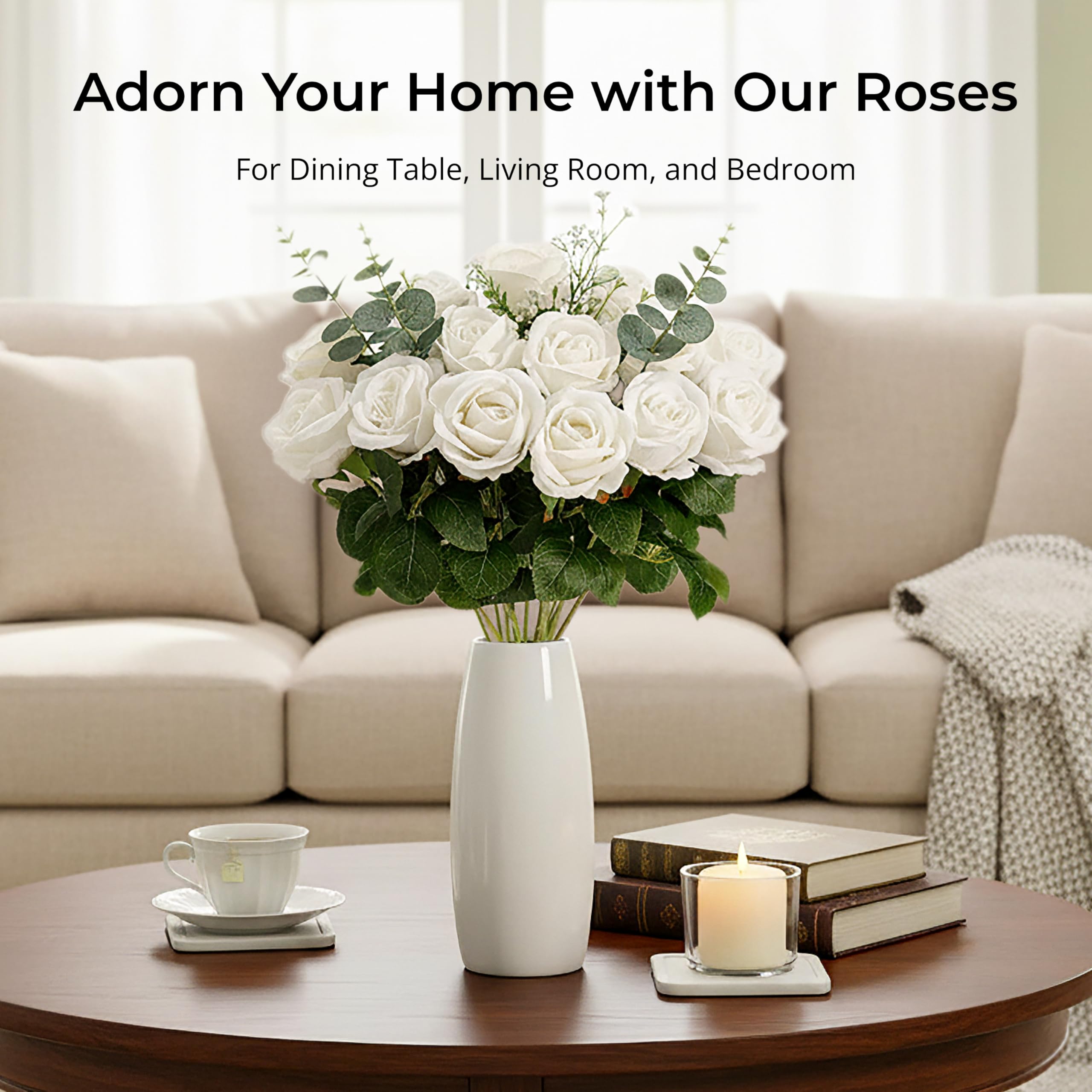 Auihiay 14PCS White Roses Artificial Flowers, Velvet Silk Faux Roses with Long Stems for Mother's Day, Wedding Centerpieces, Anniversary, Party, Home Decoration & DIY Floral Arrangement