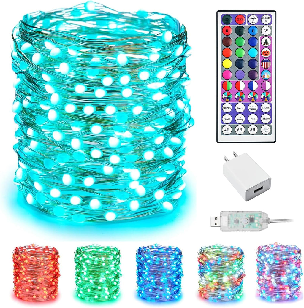 Minetom Color Changing Fairy String Lights - 33 ft, 100 LED, 24 Colors, USB Silver Wire with Remote & Timer