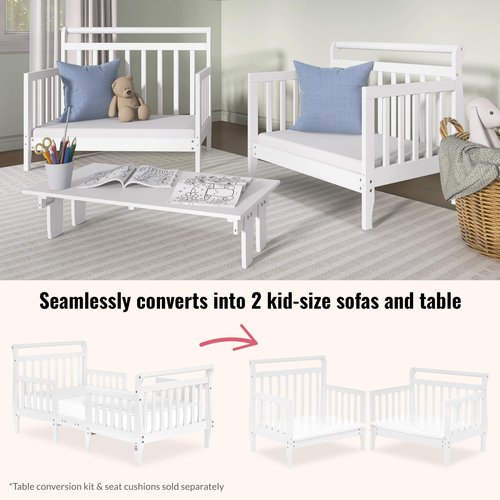 Dream On Me Emma 3-in-1 Convertible Wooden Toddler Bed in White, Baby Safety Alliance Certified, Low-to-Floor Design, Solid Pinewood with Safety Rails