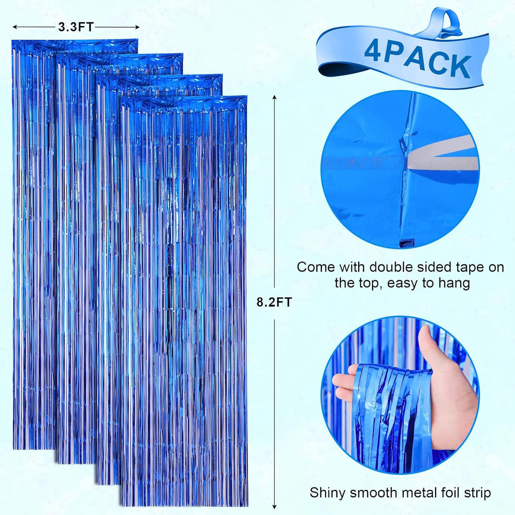 Voircoloria Blue Foil Fringe Backdrop Curtains - 4 Pack Tinsel Streamers for Parties & Events