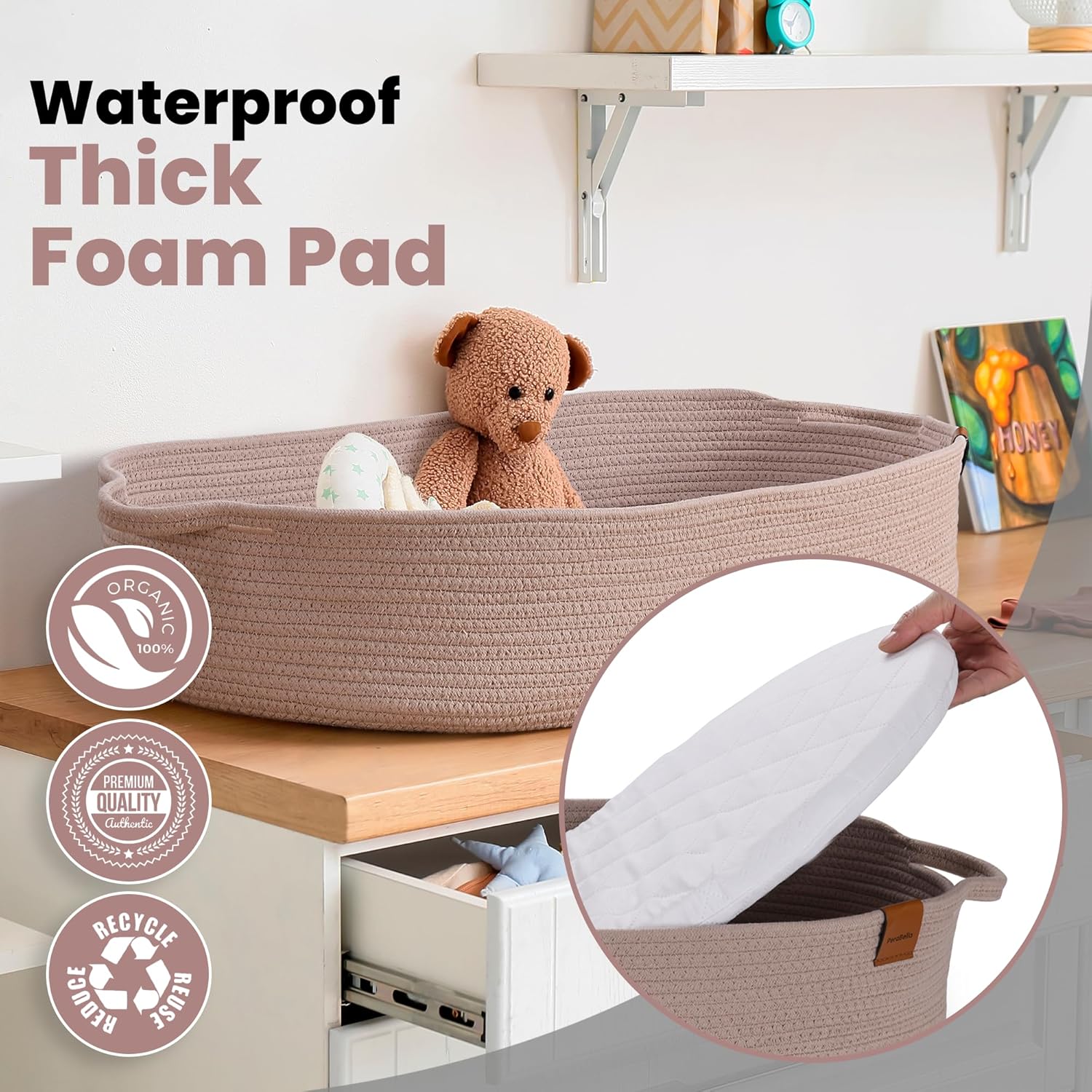 PeraBella XL Baby Changing Basket - Portable Dresser Topper with Waterproof Pad & Diaper Caddy