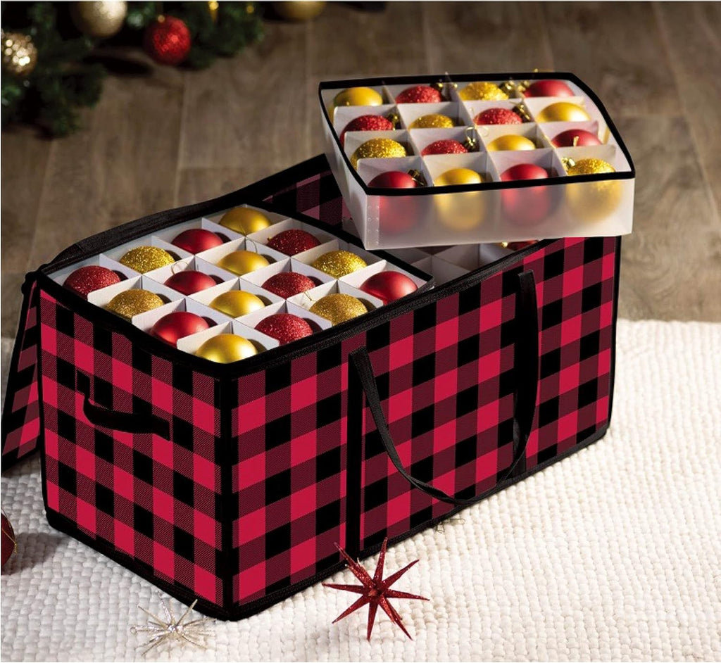 ZOBER Christmas Ornament Storage Box - Durable Plastic Organizer for 128 Ornaments | Plaid Design