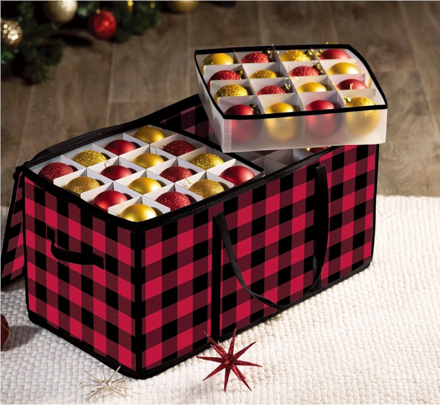 ZOBER Christmas Ornament Storage Box - Durable Plastic Organizer for 128 Ornaments | Plaid Design
