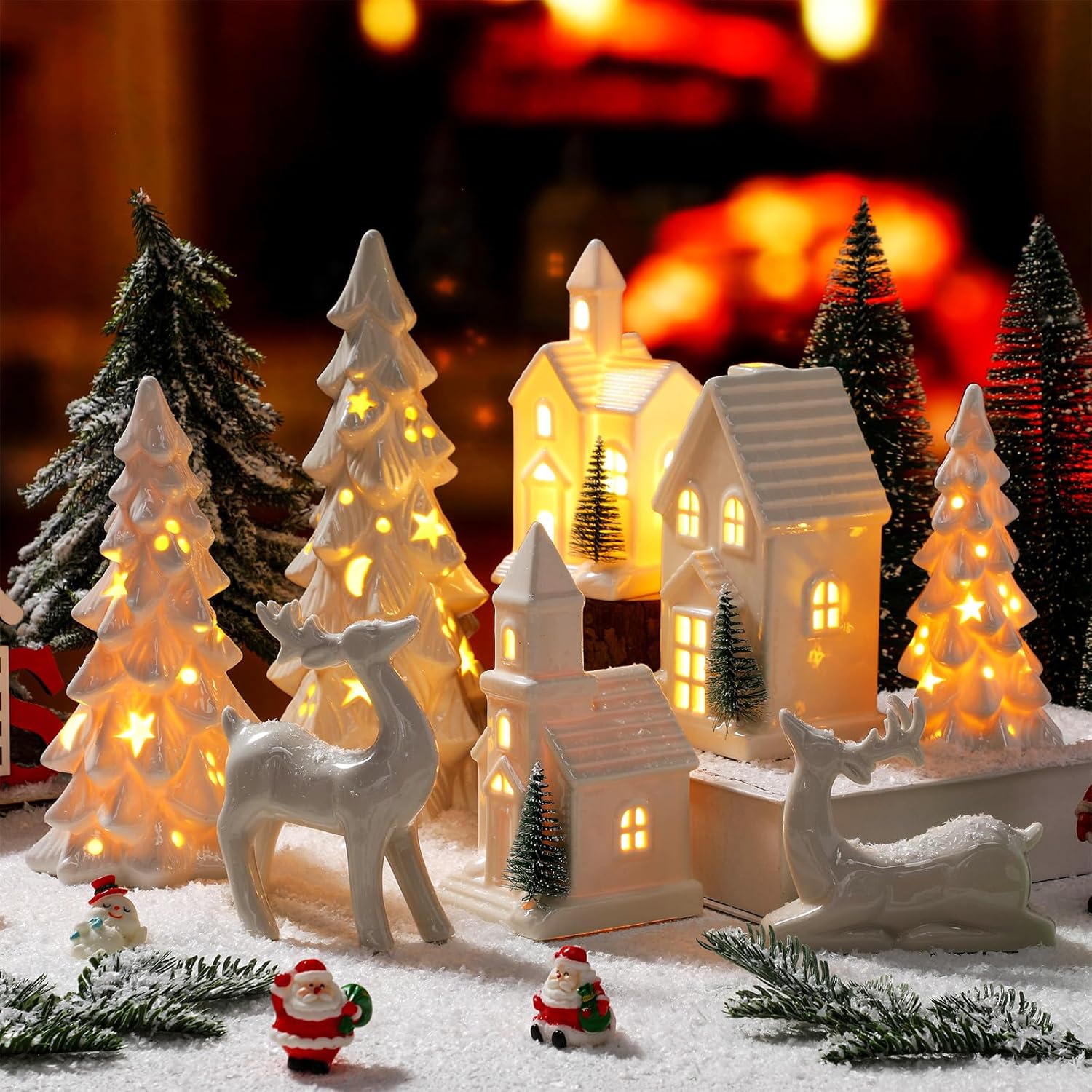 Nuogo Light Up Ceramic Christmas Trees Set - 6 Pcs White Porcelain with LED Lights & Glitter Snow for Holiday Decor