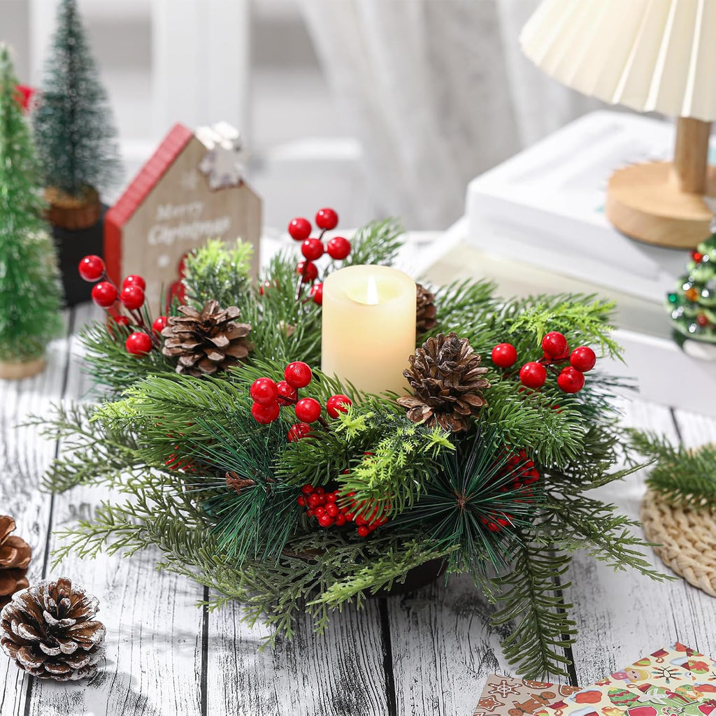 Mumufy Christmas Centerpiece Candle Holder - 12-Inch Mini Tabletop Decoration with Pine Cones & Red Berries