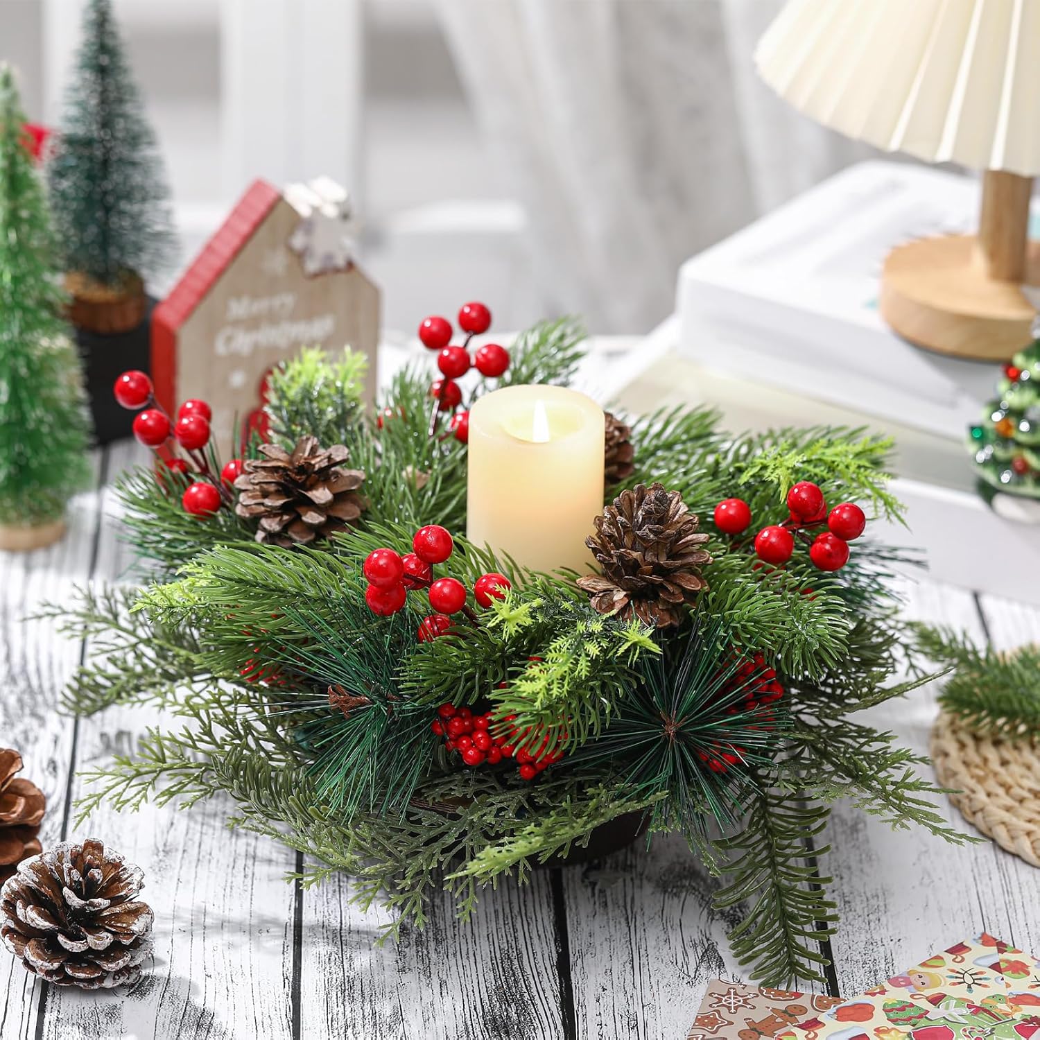 Mumufy Christmas Centerpiece Candle Holder - 12-Inch Mini Tabletop Decoration with Pine Cones & Red Berries