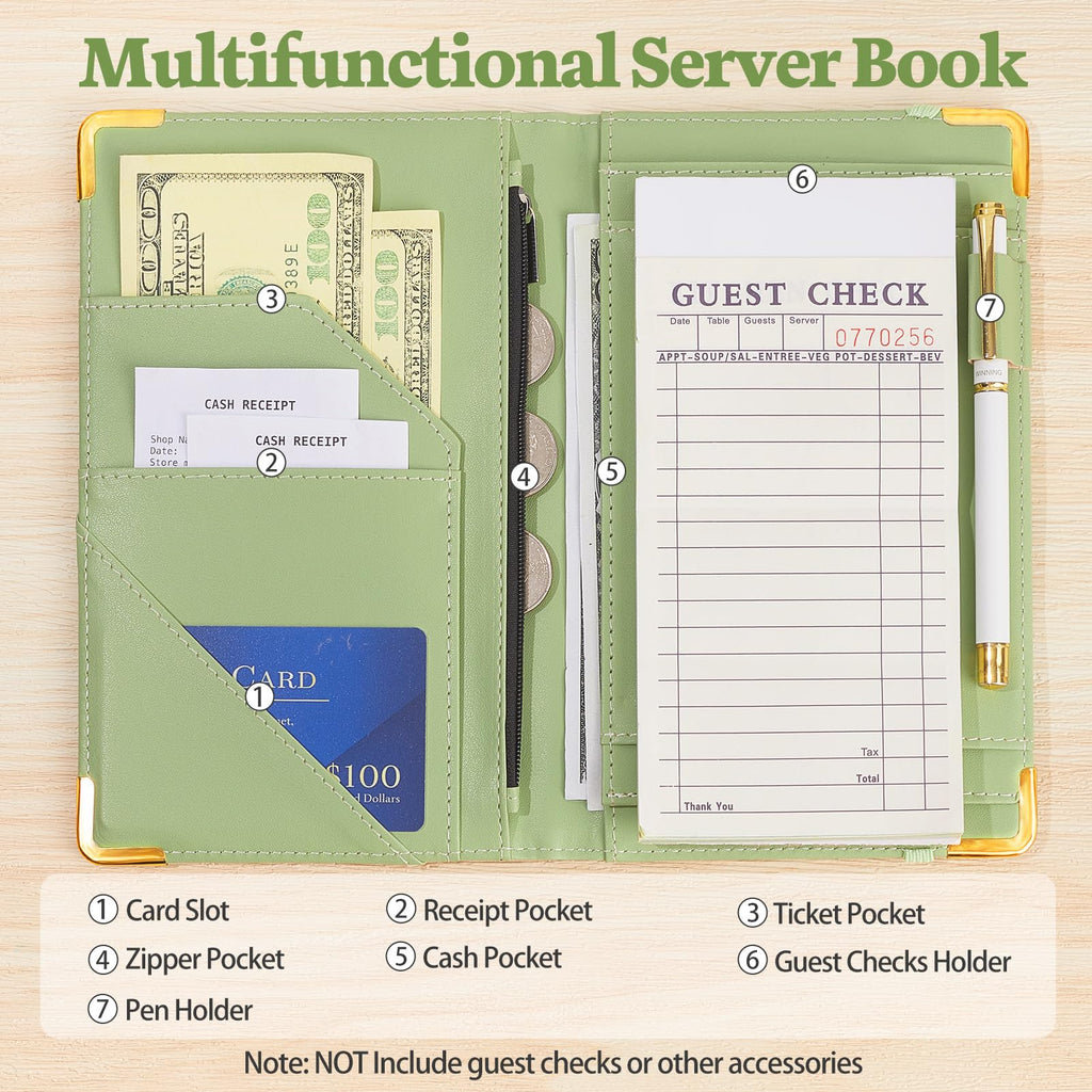 Server Book, PU Leather Server Books for Waitress with Zipper Pockets, Waitress Book with Pen Holder Fit Server Apron Check Presenters for Restaurants