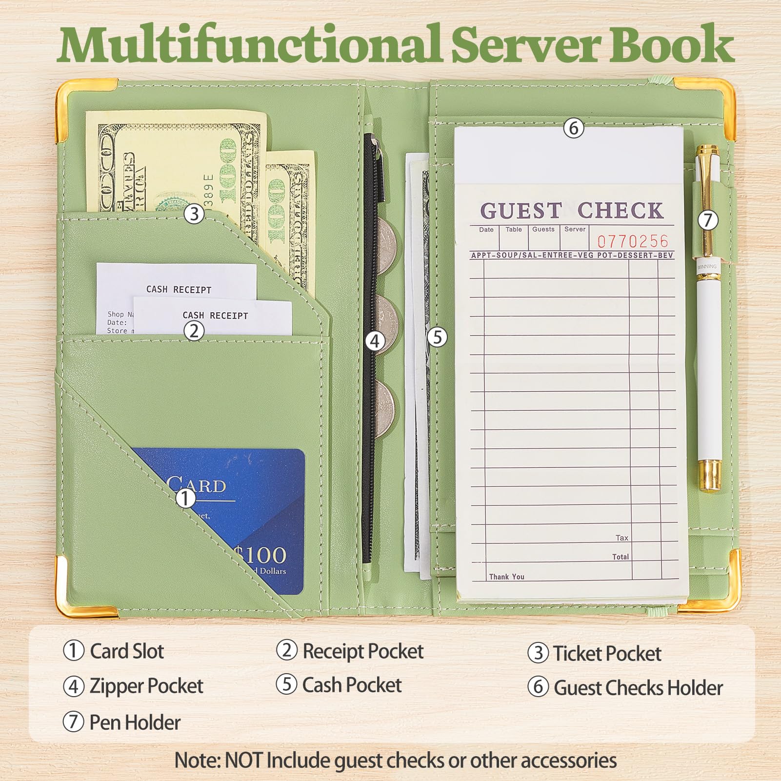 Server Book, PU Leather Server Books for Waitress with Zipper Pockets, Waitress Book with Pen Holder Fit Server Apron Check Presenters for Restaurants