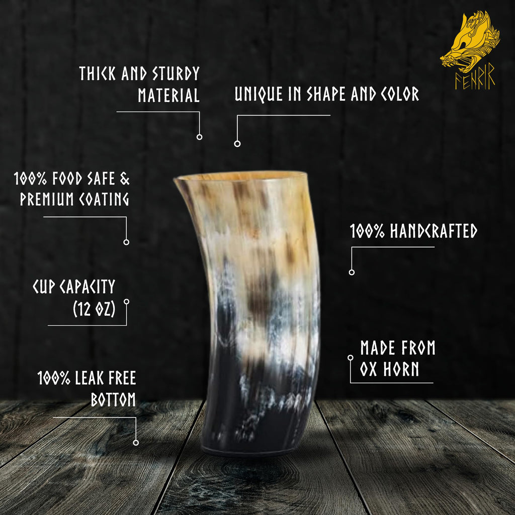 FENRIR Viking Drinking Horn Mug Set of 4 – Gifts for Men, Dad, Husband – Unique Viking Gift – Natural Ox Horn Cup with Opener – For Beer, Ale, Mead (12-13 Oz/Glass)