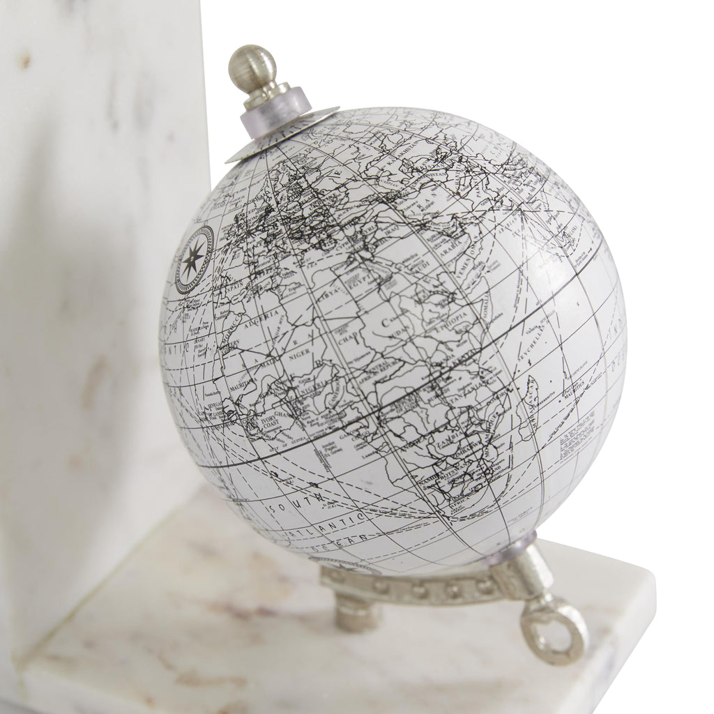 Deco 79 Marble Globe Decorative Bookends Non Skid Bookends with Silver Metal Accents, Set of 2 Office Bookends5"W, 7"H, White