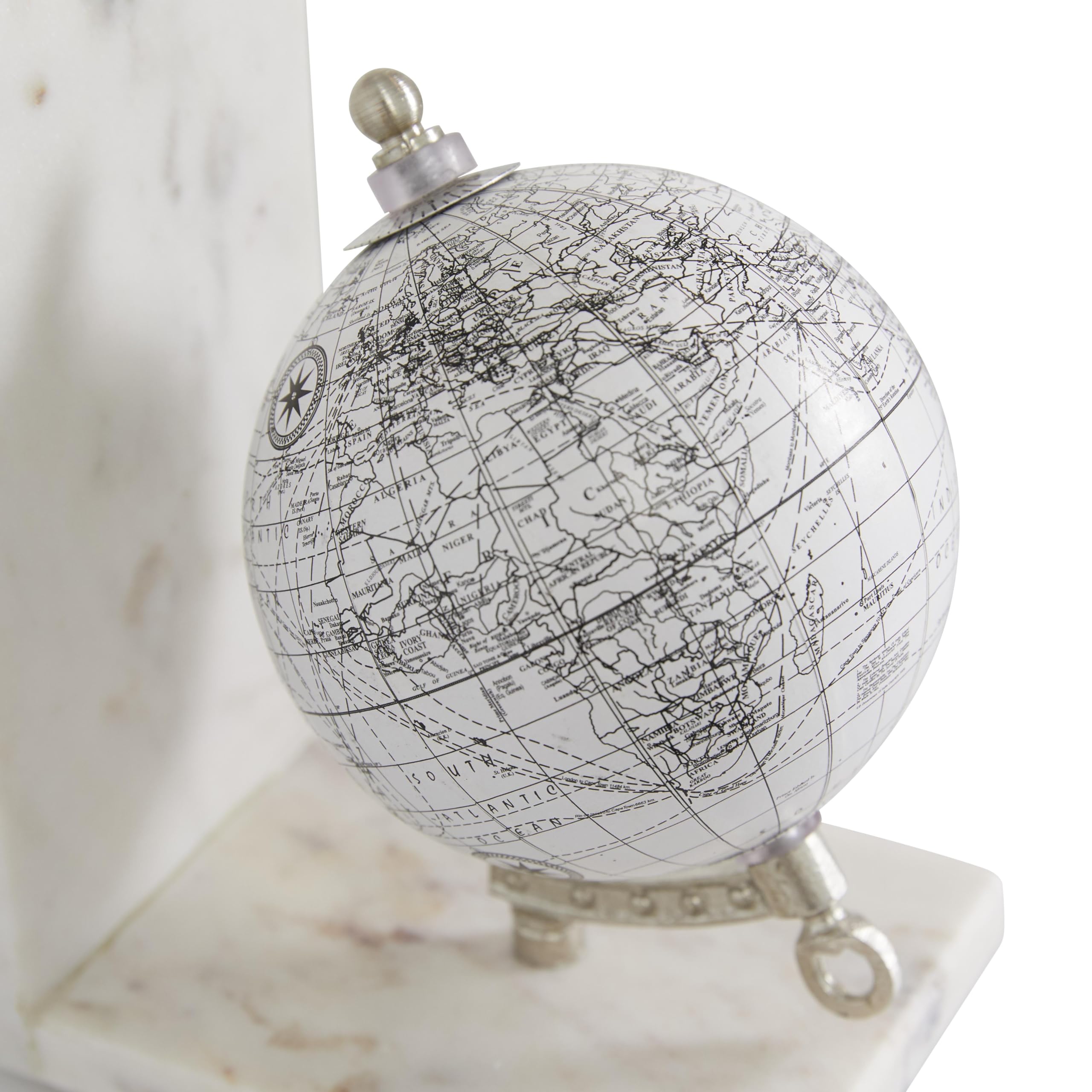 Deco 79 Marble Globe Decorative Bookends Non Skid Bookends with Silver Metal Accents, Set of 2 Office Bookends5"W, 7"H, White