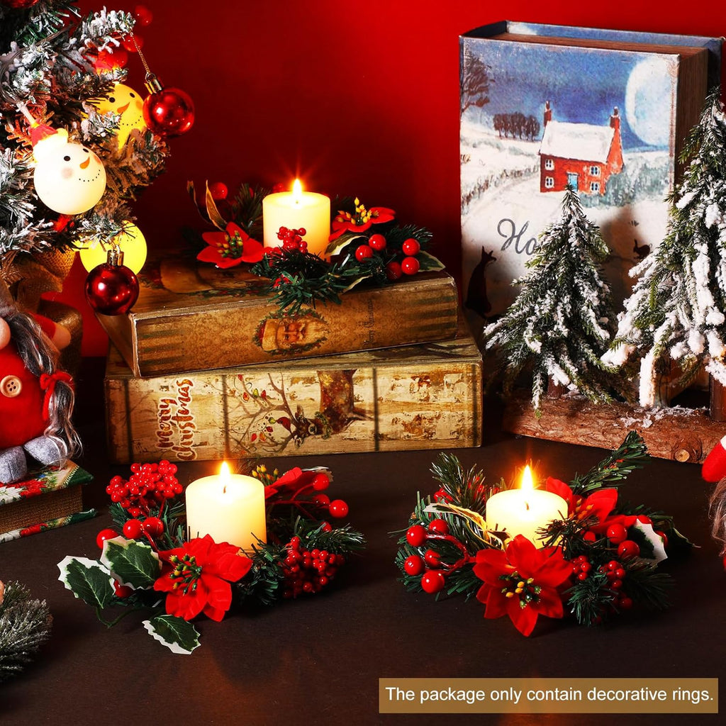 Yilloog Mini Christmas Candle Rings - 8 Sets of Berry & Pinecone Wreaths for Festive Decor | Classic Red Poinsettia