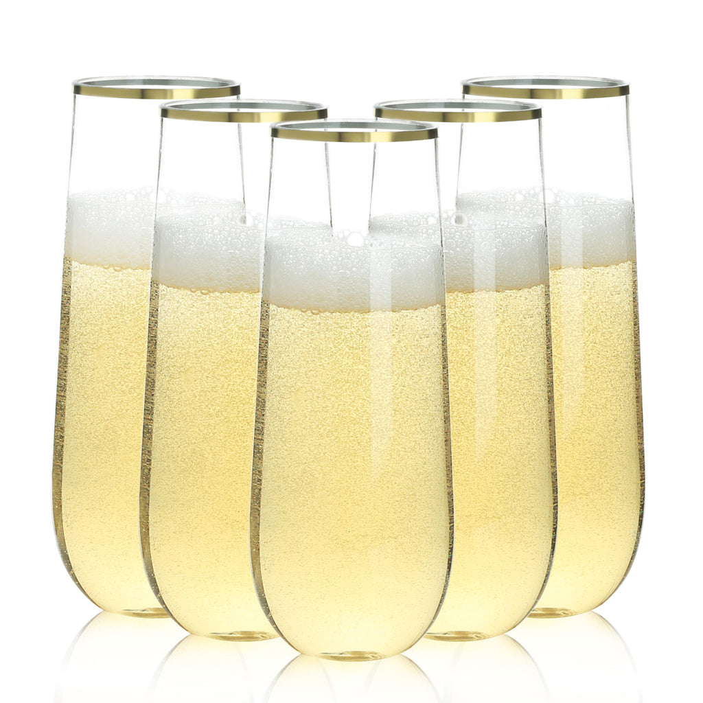 Bestluck 48 Pack 9 oz Stemless Plastic Champagne Flutes, Clear Disposable Champagne Glasses Gold Rim, Shatterproof and BPA-Free Drinkware for Party & Graduation & Wedding