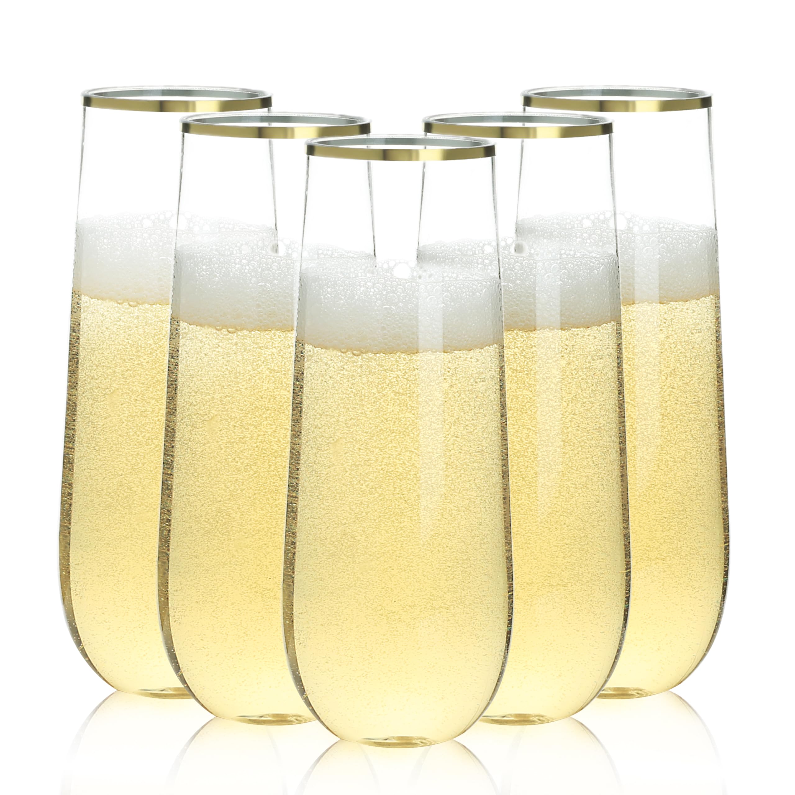 Bestluck 48 Pack 9 oz Stemless Plastic Champagne Flutes, Clear Disposable Champagne Glasses Gold Rim, Shatterproof and BPA-Free Drinkware for Party & Graduation & Wedding