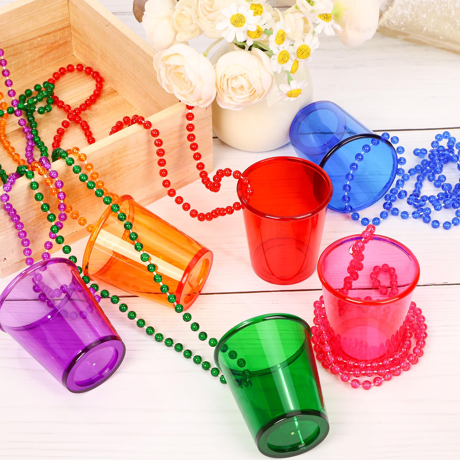 SWANUCKY 12 Pack Shot Glass on Beaded Necklace,Plastic Shot Glasses,Perfect for Bachelorette, Birthday, Wedding Parties & Holidays(6 Colors)