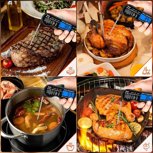 Instant Read Meat Thermometer - Fast, Accurate Digital Food Thermometer with Magnet & Backlight | Waterproof for Cooking, BBQ, Grilling, Baking (Black)