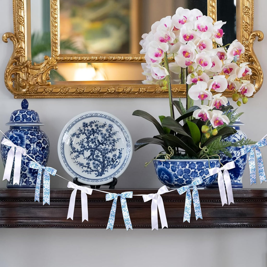 Skiennix Vintage Floral Bow Garland - 6.65 Ft Blue & White Satin Ribbon Banner for Weddings & Parties