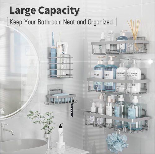 Liuoud Shower Caddy Organizer - Rustproof Stainless Steel Wall Storage Basket | Large Capacity, Grey - 5 Pack