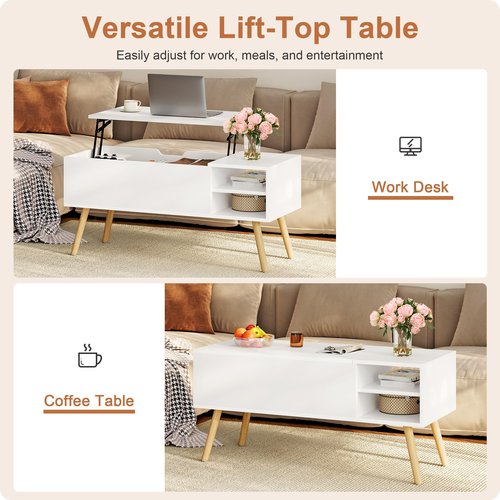 ALINE FURNITURE White Coffee Table Lift Top - Coffee Table with Solid Wood Legs, Hidden Storage Compartment & Open Shelves - 40" Lift Up Coffee Tables for Living Room