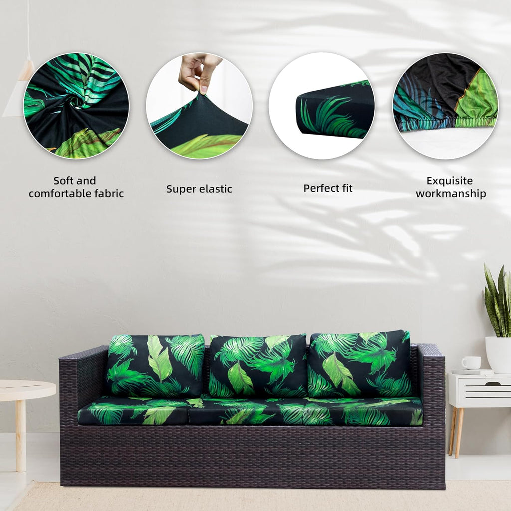 BIETYONE Outdoor Couch Cushion Covers - 8Pcs Washable & Reusable Slipcovers | Green Leaf Design