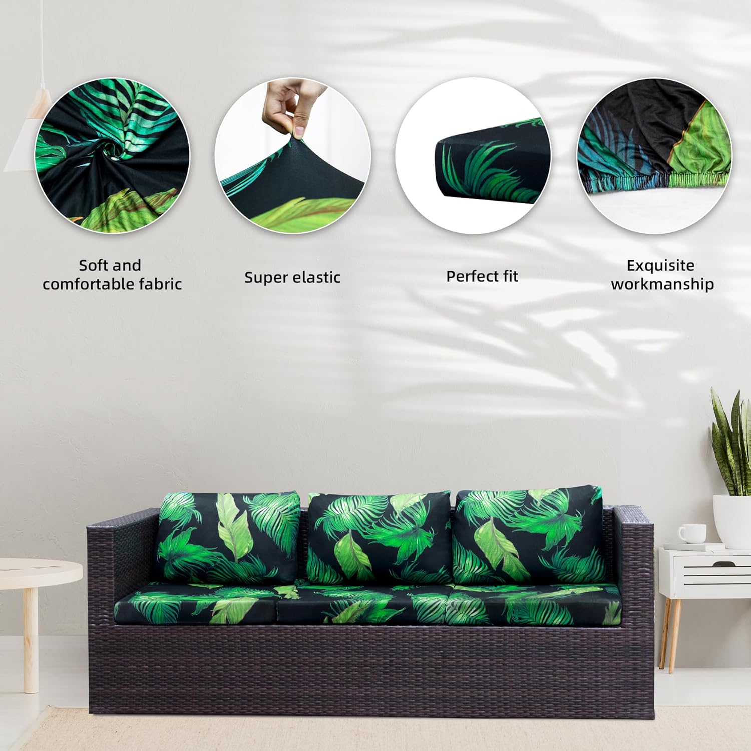 BIETYONE Outdoor Couch Cushion Covers - 8Pcs Washable & Reusable Slipcovers | Green Leaf Design
