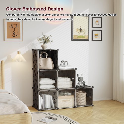 C&AHOME Cube Storage Organizer with Doors, 6-Cube Shelves, DIY Plastic Modular Bookshelf, Closet Clothes Storage Shelving Ideal for Bedroom, Living Room, Clover Embossed, Black