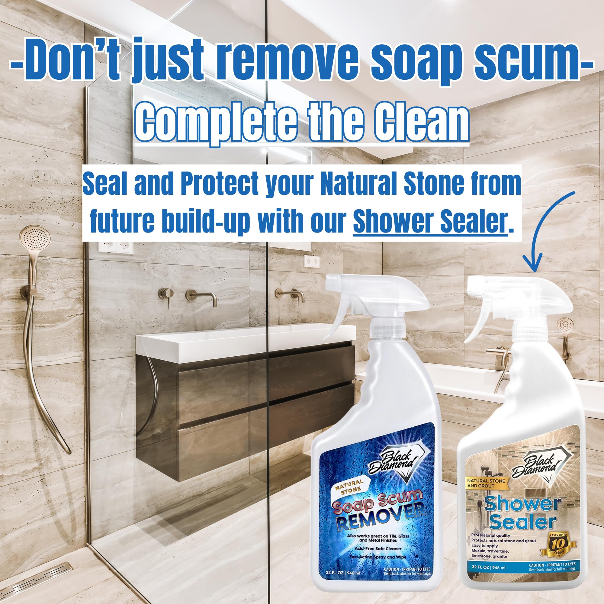 Black Diamond Stoneworks Natural Stone Shower Soap Scum Remover Spray. For Cleaning Bathtubs, Glass Doors, Tubs, Travertine, Marble, Tile. Heavy Duty, Safe Acid-Free Cleaner. Safe for fixtures.