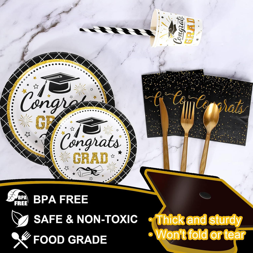 Whaline Graduation Party Supplies - 175Pcs Disposable Tableware Set for 25 Guests | Plates, Napkins, Cups, Cutlery