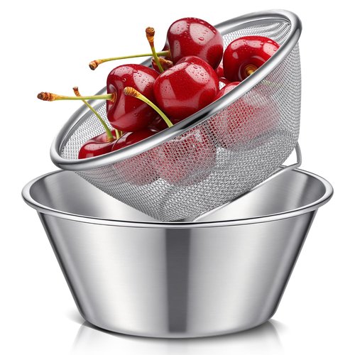 Baderke 2 Pcs Mini Colander & Food Strainer 304 Stainless Steel Small Mixing Colanders Bowl Rice Strainer for Kitchen Cooking Fruit Washing Vegetable(5.51 x 2.36 Inches,Silvery)