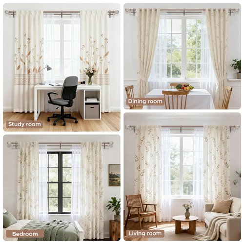 Wolistsa Double Curtain Rod, Boho Wood Decorative Long Dual Curtain Rods for Windows 84 to 120 Inch, 1" Adjustable Heavy Duty Double Rod, Handmade Imitation Weathered Wood Grain Leaf Finial Design
