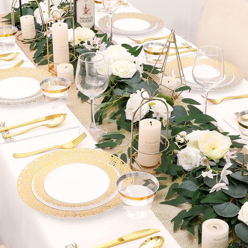 VajilaPhil 350-Piece Gold Hollow Plastic Dinnerware Set for 50 Guests, Disposable Dinnerware for Party, Wedding. Includes Dinner Plates, Dessert Plates, Gold Silverware, Napkins, Cups