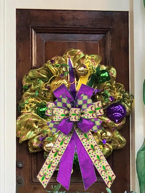 ALIBBON Large Mardi Gras Bows - Flaxen Fleur de Lis & Glitter Purple for Wreaths | Festive Carnival Decor